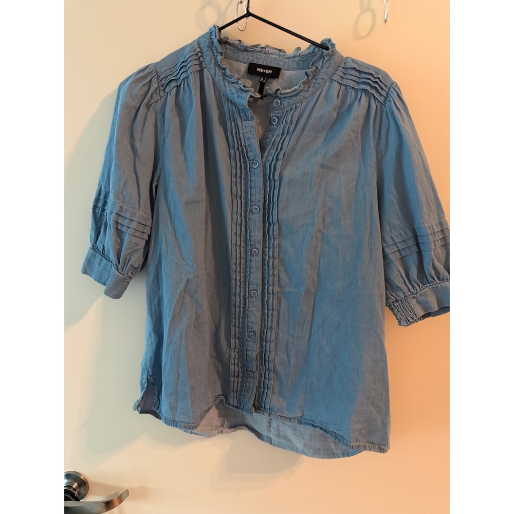 ME+EM Blue Cotton Pintuck Ruffle Collar Button Up Blouse SS24WT925 Size US 4